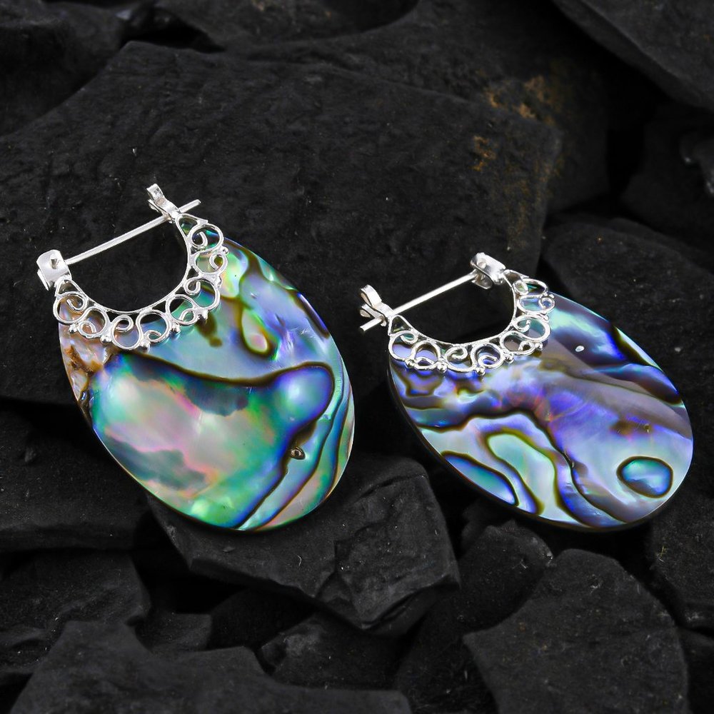 Abalone Shell Drop Hoop Earrings - Iridescent Green & Blue